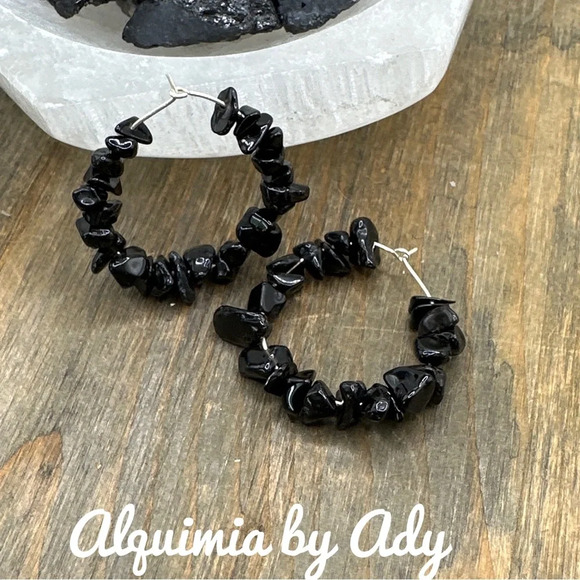 Black Onyx silver statement medium hoops earrings - Picture 1 of 3